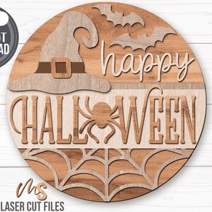 Halloween Door Hanger Svg - Happy Halloween Sign Svg - Witch Hat Svg - Laser Cut Files - Halloween Door Sign - Glowforge Files - Halloween Welcome Sign Svg - Halloween Porch Sign - Halloween Decor - Witch Svg - Spider Web Svg - Front Door Decor