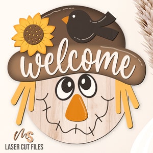 Scarecrow Fall Welcome Sign Svg - Fall Door Hanger Svg - Scarecrow Svg - Sunflower Fall Door Sign - Laser Cut Files - Glowforge Files - Fall Decor - Fall Svg - Fall Signs - Thanksgiving Svg - Scarecrow Door Hanger - Fall Wood Sign