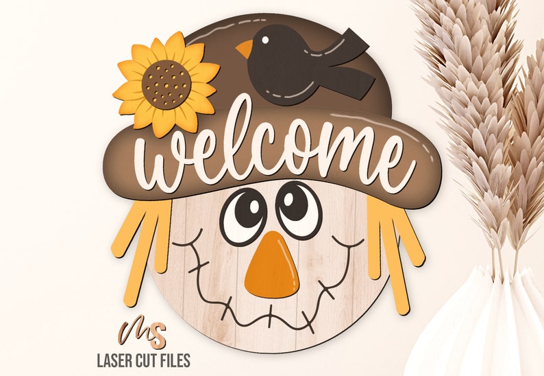 Scarecrow Fall Welcome Sign Svg - Fall Door Hanger Svg - Scarecrow Svg - Sunflower Fall Door Sign - Laser Cut Files - Glowforge Files - Fall Decor - Fall Svg - Fall Signs - Thanksgiving Svg - Scarecrow Door Hanger - Fall Wood Sign