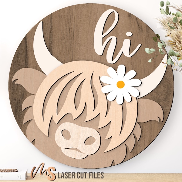 Highland Cow Door Hanger Svg - Daisy Cow Svg - Welcome Sign Svg - Cow Door Sign - Farmhouse Sign - Laser Cut Files - Glowforge Files