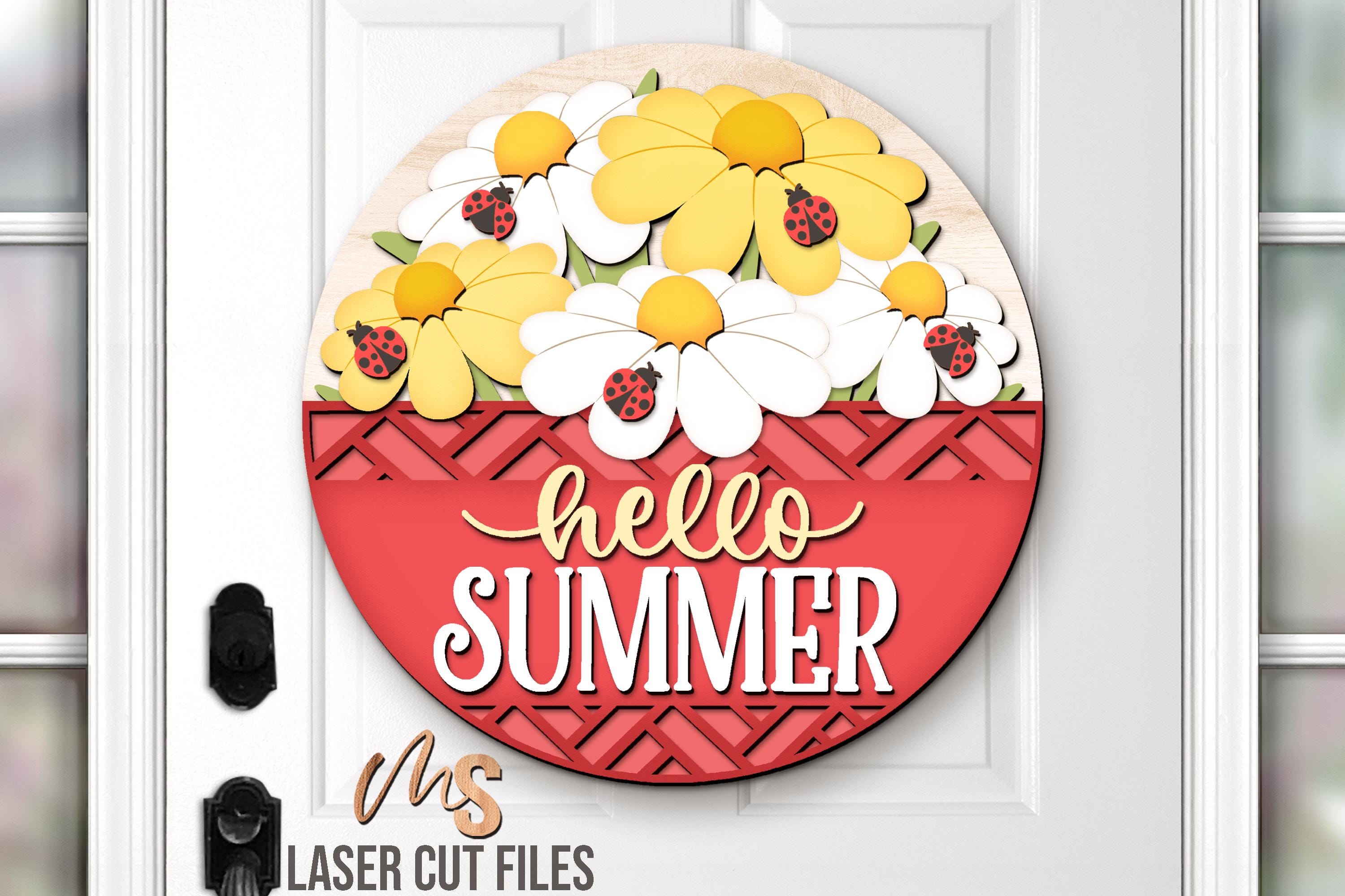 Floral Ladybug Summer Door Hanger SVG: Hello Summer Welcome Sign Laser ...