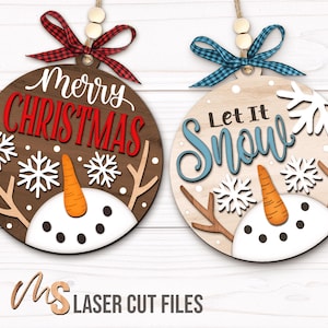 Snowman Merry Christmas Ornament SVG Bundle - Snowman Ornament Svg - Laser Cut Files - Let It Snow Svg - Glowforge Cricut