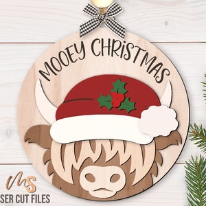 ハイランド牛のクリスマスオーナメントSVG - ハイランド牛SVG - ハイランド牛のオーナメントSVG - レーザーカットファイル - サンタ帽子SVG - Glowforge Cricut
