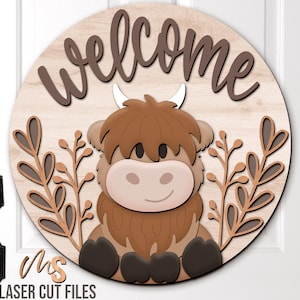Floral Highland Cow Welcome Sign Svg - Highland Cow Door Hanger Svg - Laser Cut Files - Floral Farmhouse Door Sign - Glowforge Cricut