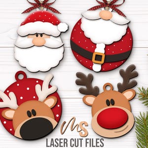 SVG Laser Cut Files for a bundle of Christmas Ornaments featuring Santa Claus and his Reindeer. The bundle includes two different views of each character, one focusing on a close up and one of the full Santa and Reindeer. Each Reindeers nose can be painted red to look like Rudolph! Perfect for making Christmas Ornaments, Santa Ornaments, Reindeer Ornaments, Christmas Decorations and Decor!