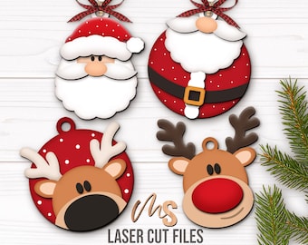 Santa & Reindeer Christmas Ornament SVG Bundle: Laser Cut Files for Glowforge/Cricut