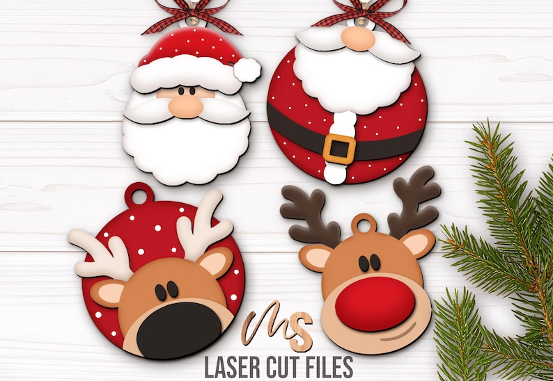 SVG Laser Cut Files for a bundle of Christmas Ornaments featuring Santa Claus and his Reindeer. The bundle includes two different views of each character, one focusing on a close up and one of the full Santa and Reindeer. Each Reindeers nose can be painted red to look like Rudolph! Perfect for making Christmas Ornaments, Santa Ornaments, Reindeer Ornaments, Christmas Decorations and Decor!