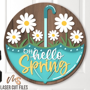 Accroche-porte printanier Daisy Hello Spring - Svg de signe de bienvenue floral parapluie - Daisy Svg - fichiers découpés au Laser - Svg de parapluie de printemps - Glowforge Cricut