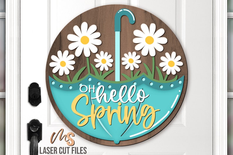Daisy Hello Spring Door Hanger Svg - Floral Umbrella Welcome Sign Svg ...