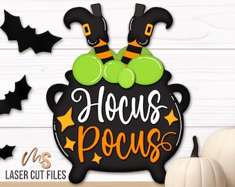 Hocus Pocus Witch Cauldron Halloween Sign Svg - Halloween Door Hanger Svg - Laser Cut Files - Halloween Porch Door Sign - Glowforge Cricut