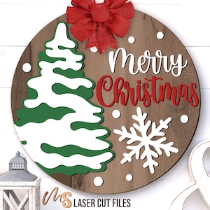 Joyeux Noël accroche-porte SVG - arbre de Noël Svg - Noël porte signe Svg - fichiers découpés au Laser - panneau de bienvenue Noël - Glowforge Cricut