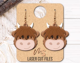 Highland Cow Earrings SVG - Highland Cow Svg - Cow Head Svg - Laser Cut Files - Western Dangle Earrings - Glowforge Cricut