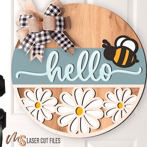 Hello Daisy Door Hanger SVG - Floral Welcome Sign Svg - Daisy Svg - Bee Svg - Laser Cut Files - Spring Door Sign - Summer Decor - Glowforge