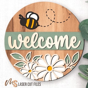 Daisy Welcome Sign SVG - Daisy Bee Door Hanger Svg - Daisy Svg - Bee Svg - Floral Door Sign - Laser Cut Files - Glowforge Files