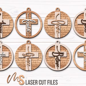 An SVG Laser Cut Files bundle of a set of 8 Religious Cross Ornaments with both outlined and non outlined versions, engravings for both 'Our Father Who Art In Heaven' and 'Silent Night Holy Night', and layered on words with 8 options including Jesus, Faith, Love, Hope, Grace, Bless, Believe, and Prayer. Mix and match your favorites to make beautiful Christian Christmas Ornaments, Cross Ornaments, Religious Car Charm accessories, and other faith themed Christmas Decorations!