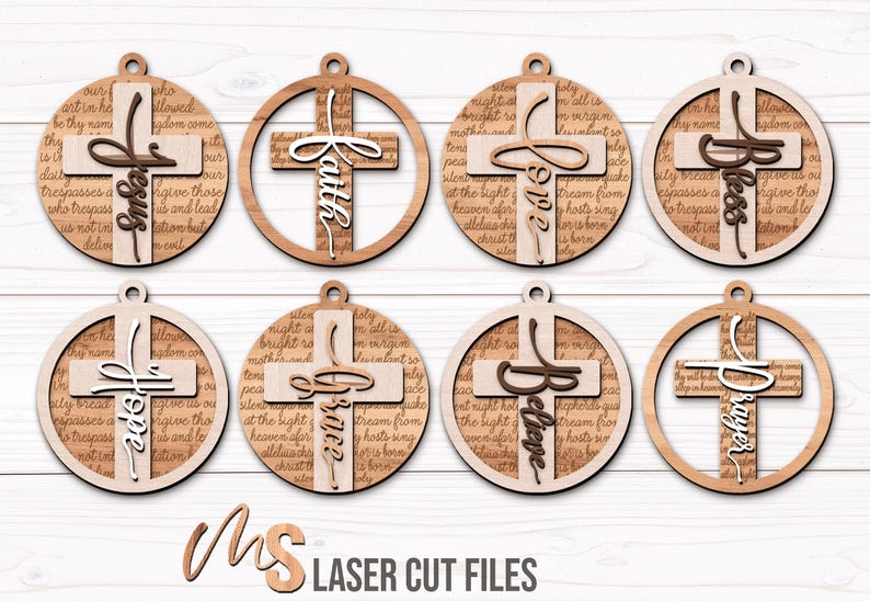 An SVG Laser Cut Files bundle of a set of 8 Religious Cross Ornaments with both outlined and non outlined versions, engravings for both 'Our Father Who Art In Heaven' and 'Silent Night Holy Night', and layered on words with 8 options including Jesus, Faith, Love, Hope, Grace, Bless, Believe, and Prayer. Mix and match your favorites to make beautiful Christian Christmas Ornaments, Cross Ornaments, Religious Car Charm accessories, and other faith themed Christmas Decorations!