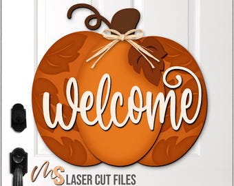 Placa de boas-vindas de abóbora de outono em SVG - Placa de porta de abóbora em SVG - Arquivos para corte a laser - Placa de porta de varanda de outono - Decoração de porta de entrada de outono - Glowforge Cricut