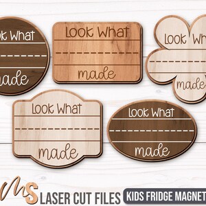 An SVG Bundle of Custom Fridge Magnets for Kids in different shapes including badge shapes and a flower shaped magnet each with a space for custom names and the phrase Look What I Made in fun fonts. The perfect Kids Craft Kit for making Custom Fridge Magnets and Kitchen Decor including Baby Keepsakes and Gifts for Mom!