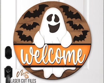 Ghost Halloween Welkom teken Svg - Halloween deur Hanger Svg - Ghost Svg - Lasergesneden bestanden - Halloween veranda deur teken - Glowforge Cricut