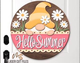 Summer Gnome Door Hanger SVG - Hello Summer Welcome Sign Svg - Daisy Flowers Svg - Laser Cut Files - Summer Door Sign Svg - Glowforge Cricut