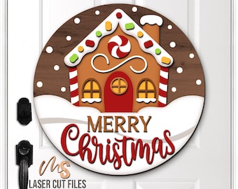 Gingerbread House Merry Christmas Sign SVG: Christmas Door Hanger Laser Cut Files Glowforge/Cricut