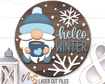 Gnome Hello Winter Sign SVG: Winter Door Hanger Laser Cut Files for Glowforge/Cricut