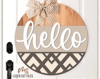 Geometric Welcome Sign SVG - Door Hanger Svg - Hello Svg - Glowforge Laser Cut Files - Front Door Sign Farmhouse Decor - Round Wood Sign