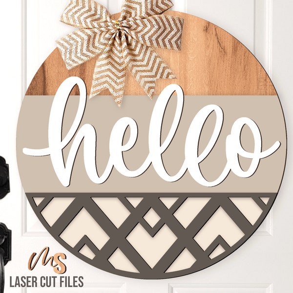 Geometric Welcome Sign SVG - Door Hanger Svg - Hello Svg - Glowforge Laser Cut Files - Front Door Sign Farmhouse Decor - Round Wood Sign