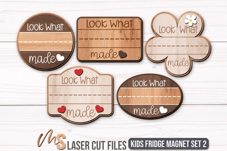 An SVG Bundle of Custom Fridge Magnets for Kids in different shapes including badge shapes and a flower shaped magnet each with a space for custom names and the phrase Look What I Made in fun fonts. The perfect Kids Craft Kit for making Custom Fridge Magnets and Kitchen Decor including Baby Keepsakes and Gifts for Mom!