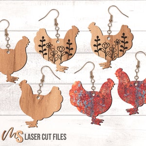Pendientes de pollo SVG - Pendientes Svg - Pollo Svg - Archivos cortados con láser - Pendientes con forma de pollo Svg - Plantilla de pendientes - Country Svg