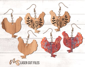 Chicken Earrings SVG: Floral Chicken Dangle Earring Laser Cut Files for Glowforge/Cricut