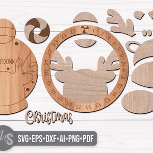 SVG Laser Cut Files for a round Christmas Countdown Sign featuring an adorable reindeer peaking over center surrounded by snow. His nose and antlers cover a round turning wheel with 25 numbered days until Christmas. A big peppermint candy holds the top of the wheel with an opening in the center to show the number of days left! Turn the wheel once each day to complete the peppermint on Christmas morning!