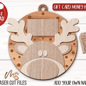 SVG Laser Cut Files for a bundle of 6 Christmas Gift Card Holders shaped like ornaments decorated with a Santa Claus, the text Ho Ho Ho, a Snowman, a Gingerbread Man, a Reindeer, and a string of Christmas lights with spacers on the inside where you can insert your Gift Cards and money, and an additional tag which says Merry Christmas or add your own custom name for personalization! Create festive Gift Card Holders, Money Holders, and gift Ornaments!