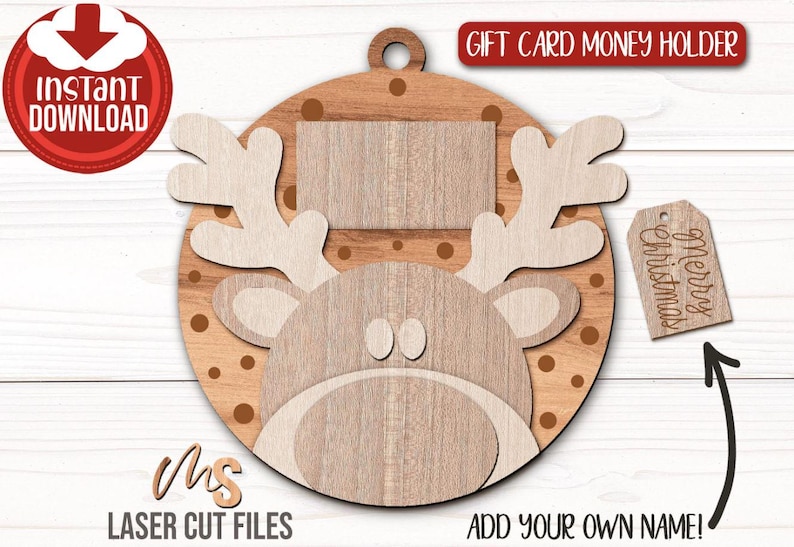 SVG Laser Cut Files for a bundle of 6 Christmas Gift Card Holders shaped like ornaments decorated with a Santa Claus, the text Ho Ho Ho, a Snowman, a Gingerbread Man, a Reindeer, and a string of Christmas lights with spacers on the inside where you can insert your Gift Cards and money, and an additional tag which says Merry Christmas or add your own custom name for personalization! Create festive Gift Card Holders, Money Holders, and gift Ornaments!