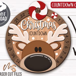 SVG Laser Cut Files for a round Christmas Countdown Sign featuring an adorable reindeer peaking over center surrounded by snow. His nose and antlers cover a round turning wheel with 25 numbered days until Christmas. A big peppermint candy holds the top of the wheel with an opening in the center to show the number of days left! Turn the wheel once each day to complete the peppermint on Christmas morning!