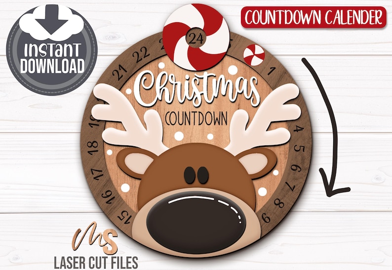 SVG Laser Cut Files for a round Christmas Countdown Sign featuring an adorable reindeer peaking over center surrounded by snow. His nose and antlers cover a round turning wheel with 25 numbered days until Christmas. A big peppermint candy holds the top of the wheel with an opening in the center to show the number of days left! Turn the wheel once each day to complete the peppermint on Christmas morning!