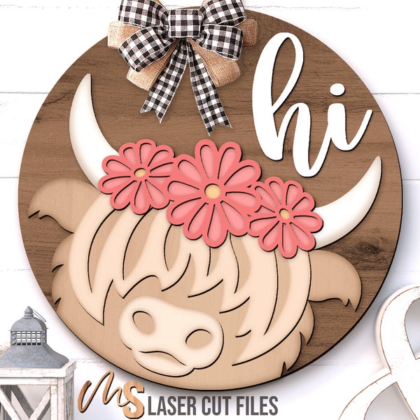 Daisy Highland Cow Door Hanger Svg - Daisy Cow Svg - Welcome Sign Svg - Laser Cut Files - Cow Door Sign - Farmhouse Sign Svg - Glowforge