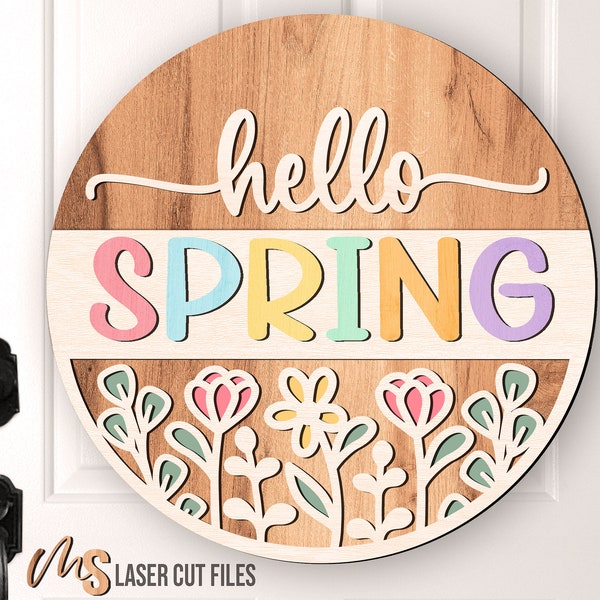 Spring Door Hanger Svg - Hello Spring Sign Svg - Wildflower Svg - Spring Welcome Sign Svg - Laser Cut Files - Floral Door Sign - Glowforge