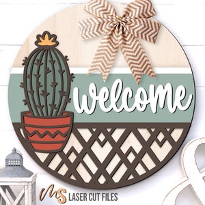 Kaktus Willkommensschild zwar - Runder Türschild - Kaktus Aufhänger - Sukkulenten Aufdruck - Southwestern Decor - Laser Cut Files - Glowforge Files