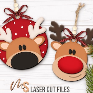 SVG Laser Cut Files for a bundle of Christmas Ornaments featuring Santa Claus and his Reindeer. The bundle includes two different views of each character, one focusing on a close up and one of the full Santa and Reindeer. Each Reindeers nose can be painted red to look like Rudolph! Perfect for making Christmas Ornaments, Santa Ornaments, Reindeer Ornaments, Christmas Decorations and Decor!