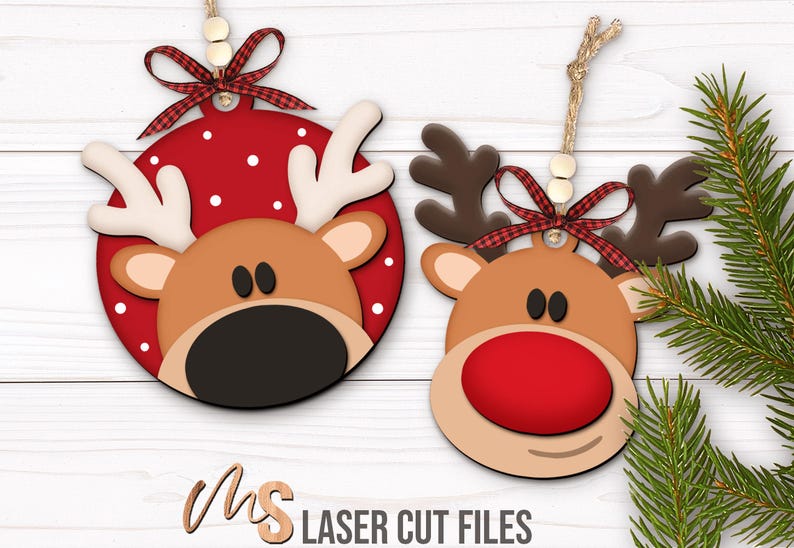 SVG Laser Cut Files for a bundle of Christmas Ornaments featuring Santa Claus and his Reindeer. The bundle includes two different views of each character, one focusing on a close up and one of the full Santa and Reindeer. Each Reindeers nose can be painted red to look like Rudolph! Perfect for making Christmas Ornaments, Santa Ornaments, Reindeer Ornaments, Christmas Decorations and Decor!