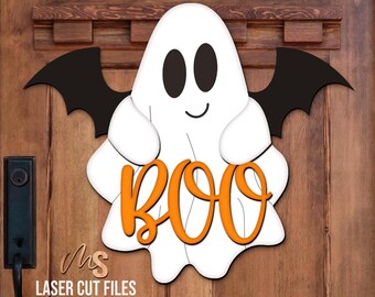 コウモリゴーストハロウィンドアハンガーSVG：Glowforge/Cricut用ハロウィンサインSVGレーザーカットファイル