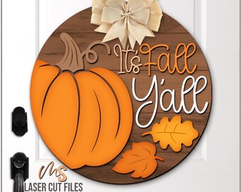 Pumpkin Fall Door Hanger SVG - Fall Welcome Sign Svg - It's Fall Y'all Svg - Laser Cut Files - Fall Porch Door Sign - Glowforge Cricut