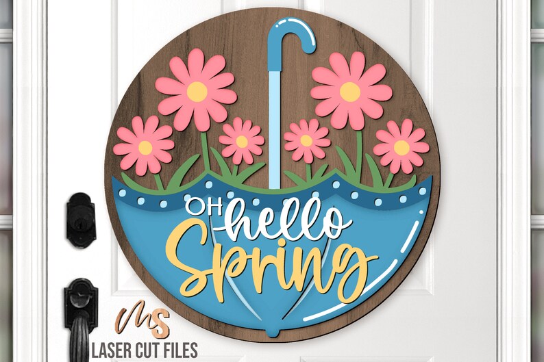 Daisy Hello Spring Door Hanger Svg - Floral Umbrella Welcome Sign Svg ...