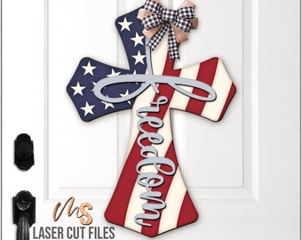 4th Of July Cross Door Hanger Svg - Christian Cross Svg - American Flag Svg - Laser Cut Files - Cross Door Sign Svg - Glowforge Cricut