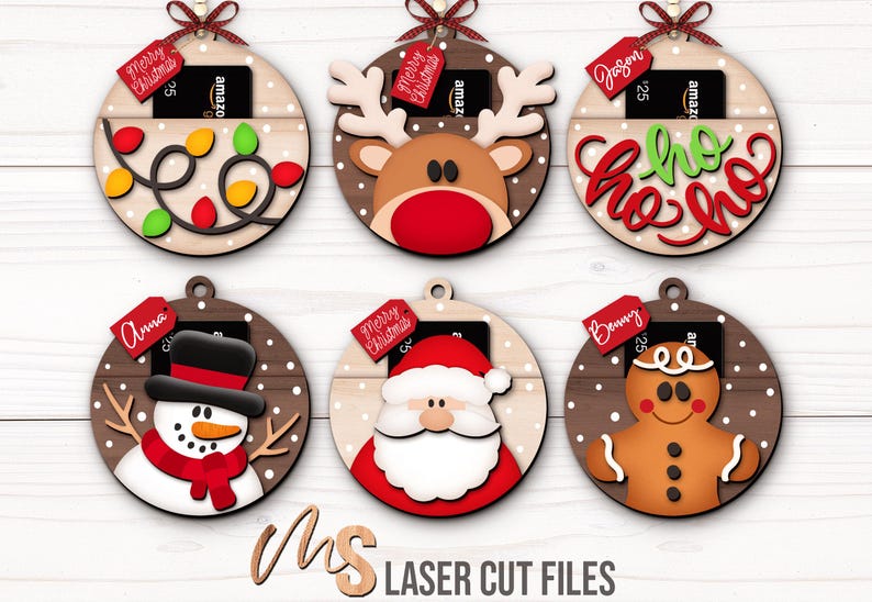 SVG Laser Cut Files for a bundle of 6 Christmas Gift Card Holders shaped like ornaments decorated with a Santa Claus, the text Ho Ho Ho, a Snowman, a Gingerbread Man, a Reindeer, and a string of Christmas lights with spacers on the inside where you can insert your Gift Cards and money, and an additional tag which says Merry Christmas or add your own custom name for personalization! Create festive Gift Card Holders, Money Holders, and gift Ornaments!