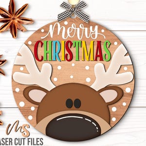 Reindeer Merry Christmas Ornament SVG - Reindeer Ornament Svg - Merry Christmas Svg - Reindeer Svg - Laser Cut Files - Glowforge Files - Reindeer Christmas Ornament - Christmas Decorations - Christmas Decor - Ornament Svg - Round Wood Ornament