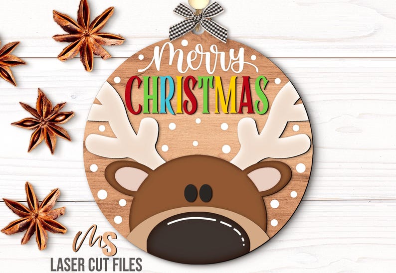 Reindeer Merry Christmas Ornament SVG - Reindeer Ornament Svg - Merry Christmas Svg - Reindeer Svg - Laser Cut Files - Glowforge Files - Reindeer Christmas Ornament - Christmas Decorations - Christmas Decor - Ornament Svg - Round Wood Ornament