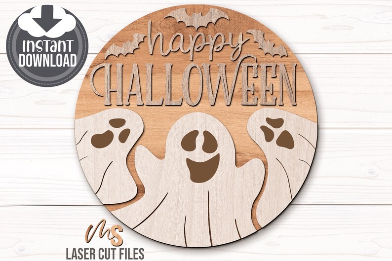 SVG files for a round wood Halloween Sign with three spooky ghosts peaking up from the bottom with the phrase Happy Halloween in decorative fonts and bats flying overhead. Perfect for making spooky Halloween Door Hangers, Ghost Signs, and Halloween decor this fall season!