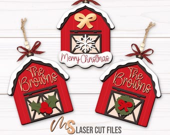 Custom Christmas Barn Ornament SVG Bundle: Farmhouse Family Name Ornament Laser Cut Files & Cricut